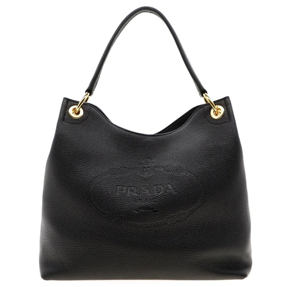 Prada Hobo Shoulder Bag Embossed Logo Vitello Phenix Black Leather New - Picture 2 of 6